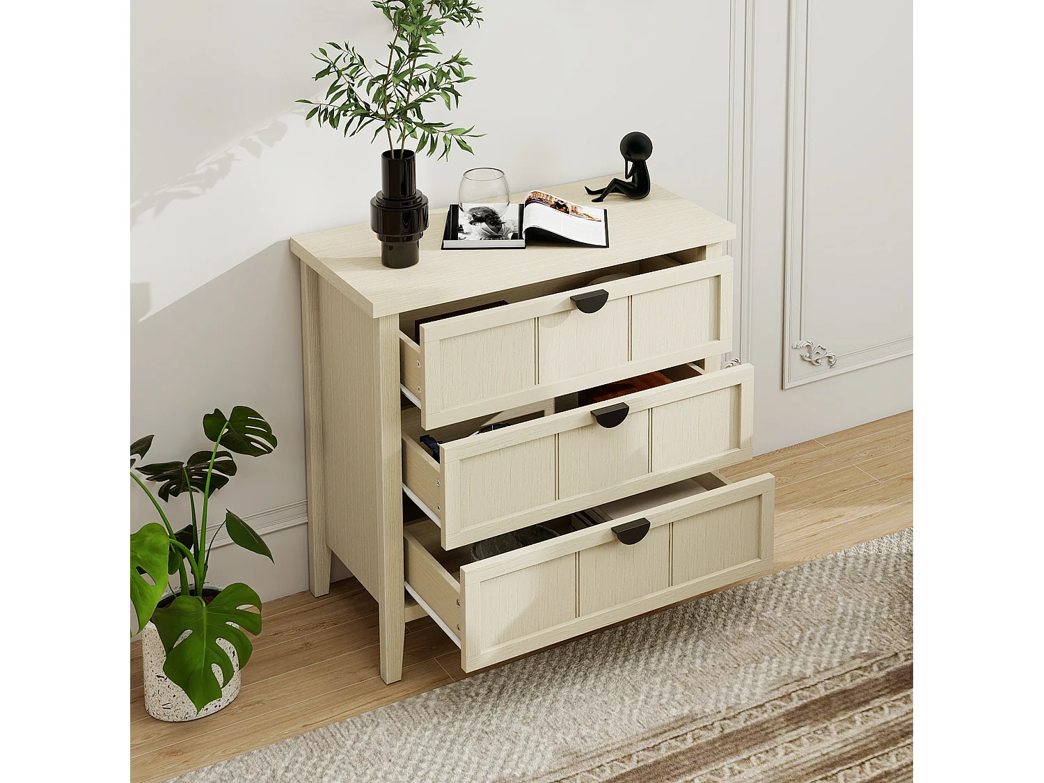 Meuble de rangement 3 tiroirs, design bois naturel avec porte en MDF, blanc et bois naturel (80x40x80 cm)