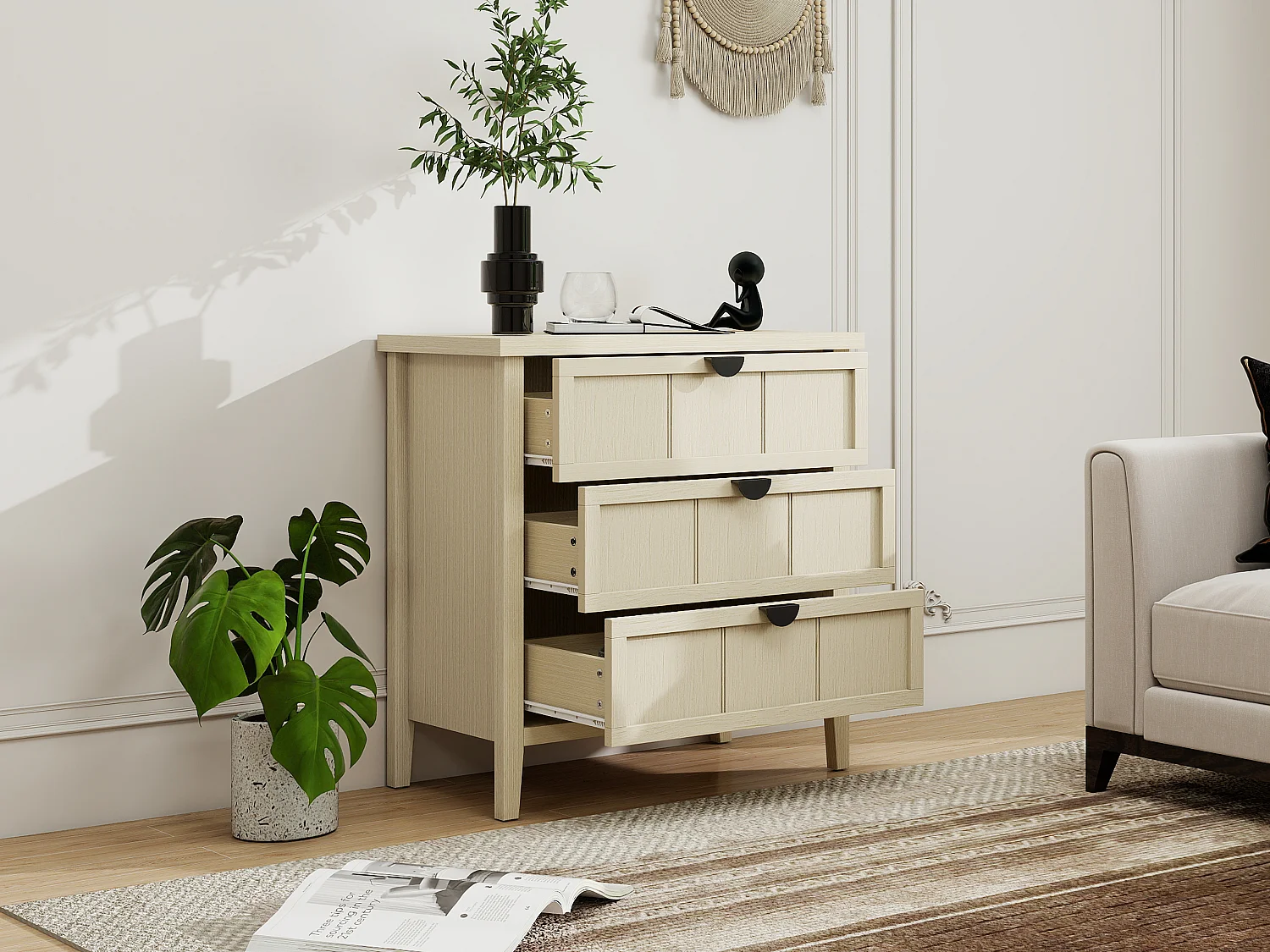 Meuble de rangement 3 tiroirs, design bois naturel avec porte en MDF, blanc et bois naturel (80x40x80 cm)