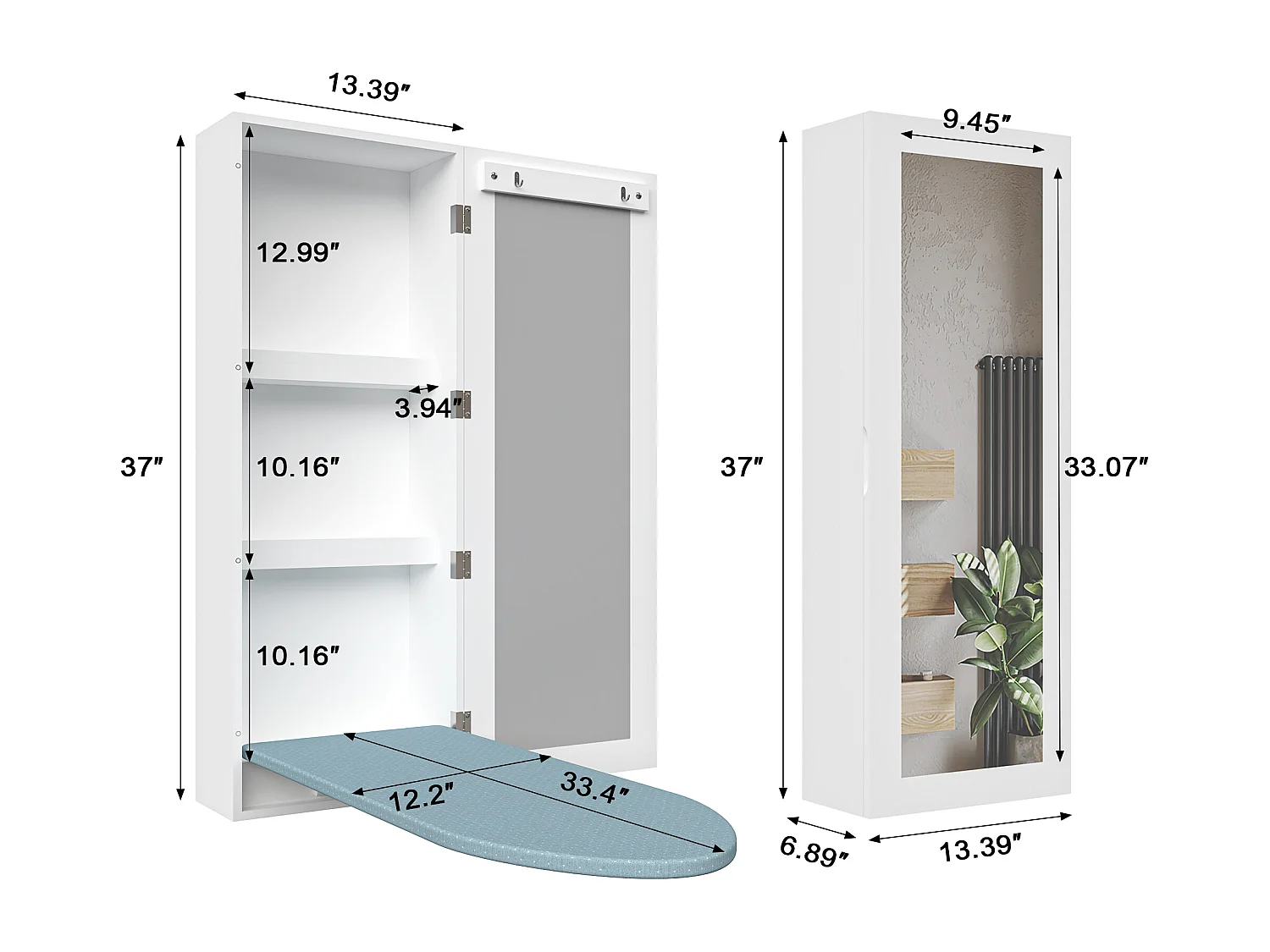 Table à repasser murale avec armoire de rangement, planche à repasser intégrée, cadre pliant, miroir mural, MDF blanc (35.5x17.5x95 cm)