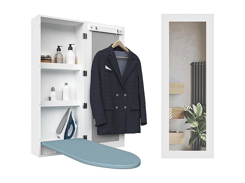 Table à repasser murale avec armoire de rangement, planche à repasser intégrée, cadre pliant, miroir mural, MDF blanc (35.5x17.5x95 cm)