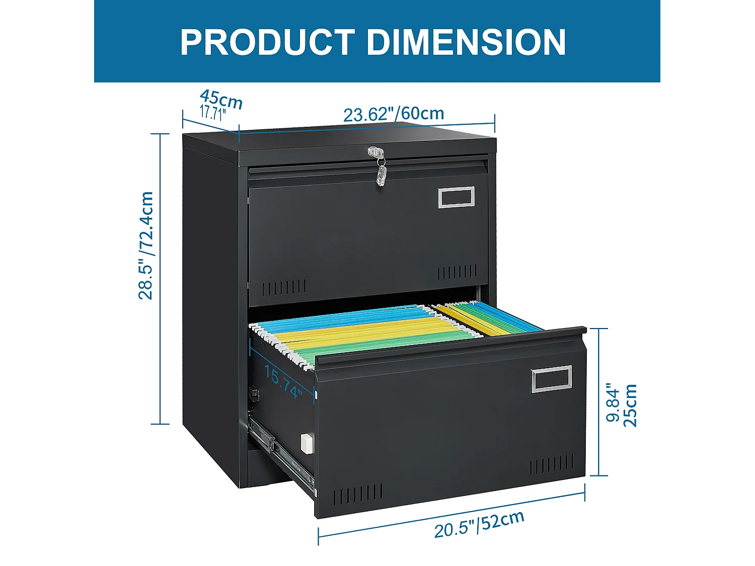 Armoire à fichiers métal 2 tiroirs, verrouillable, rangement vertical, acier, noir (60x45x72.4 cm)