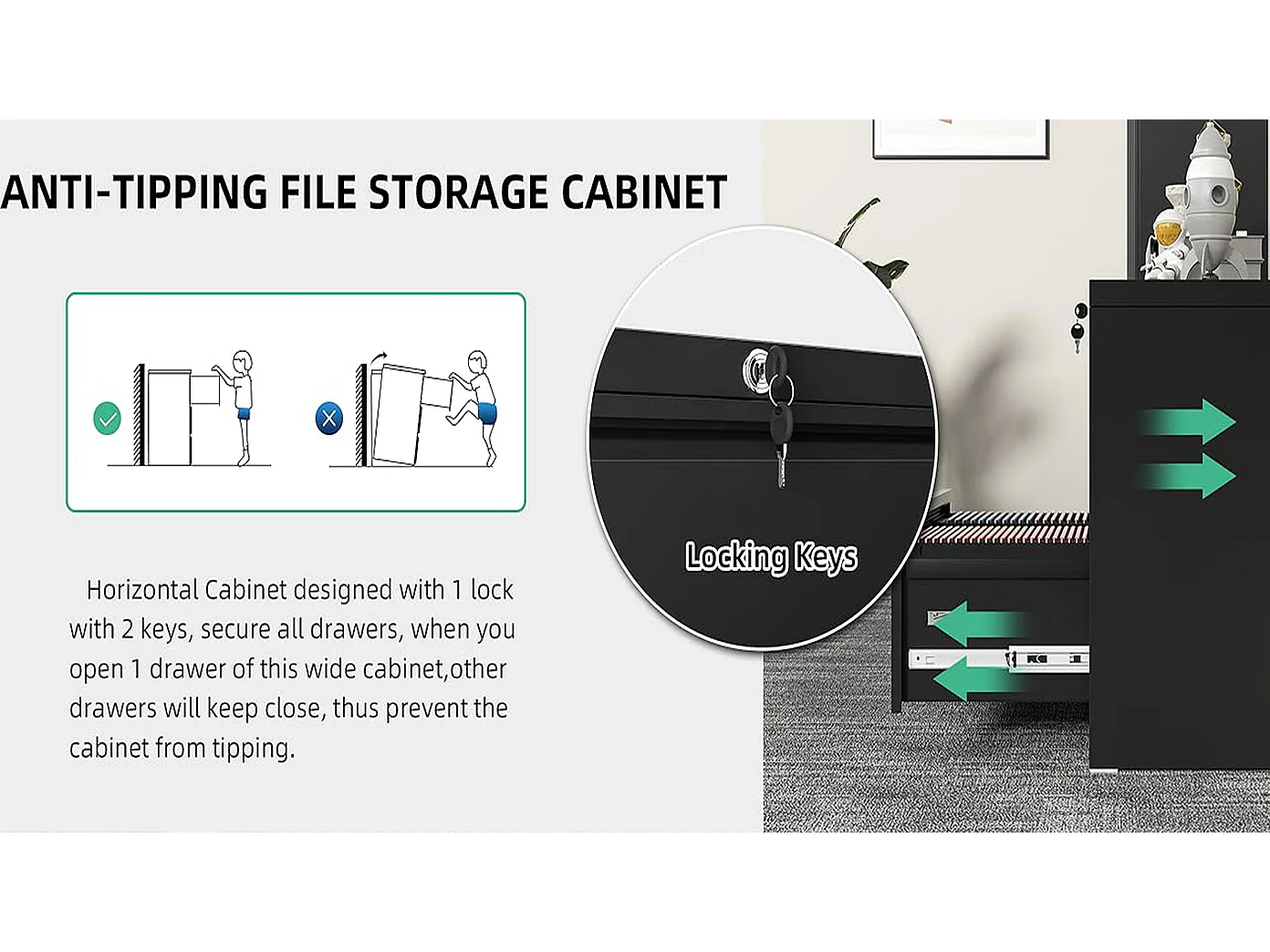 Armoire à fichiers métal 2 tiroirs, verrouillable, rangement vertical, acier, noir (60x45x72.4 cm)