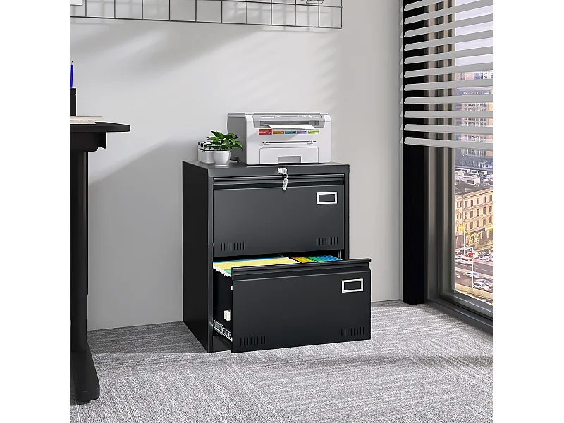 Metalen archiefkast met 2 laden, afsluitbaar, verticale opbergruimte, staal, zwart (60x45x72,4 cm)