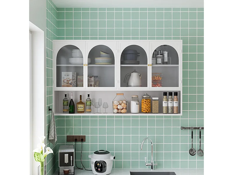 Armoire murale à 4 portes en verre, rangement moderne, métal et verre, blanc (120x23x70 cm)