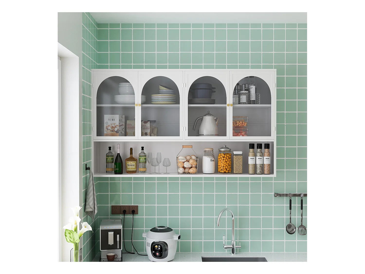 Armoire murale à 4 portes en verre, rangement moderne, métal et verre, blanc (120x23x70 cm)