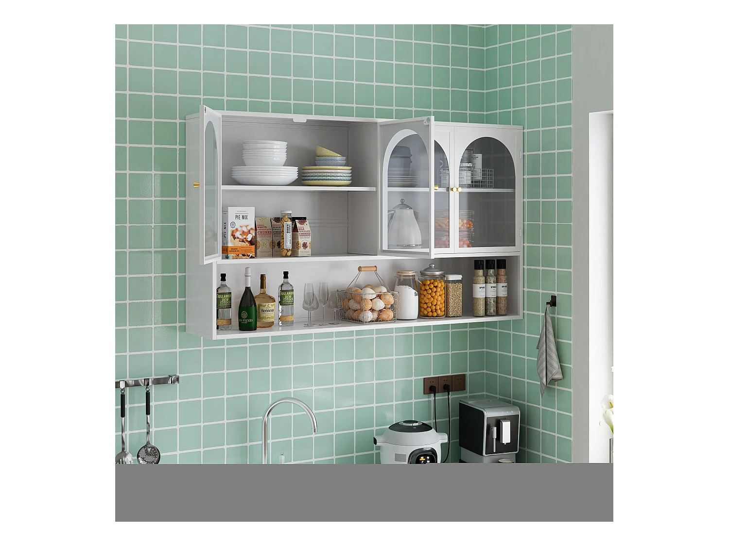 Armoire murale à 4 portes en verre, rangement moderne, métal et verre, blanc (120x23x70 cm)