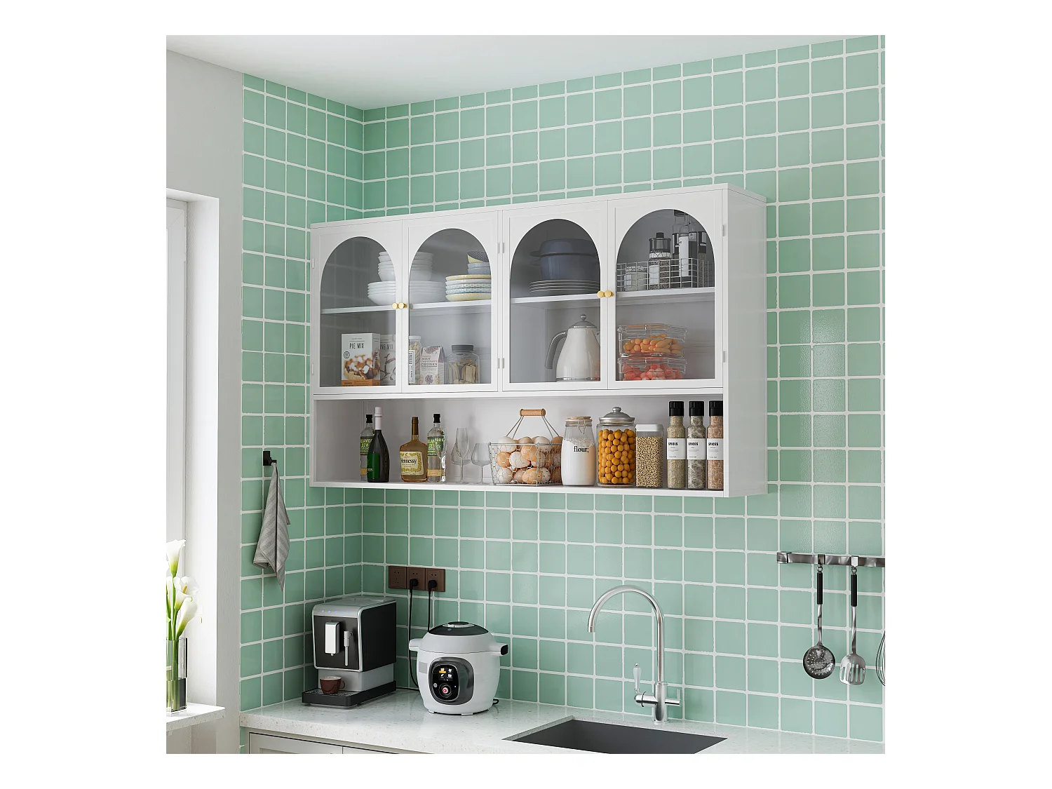 Armoire murale à 4 portes en verre, rangement moderne, métal et verre, blanc (120x23x70 cm)