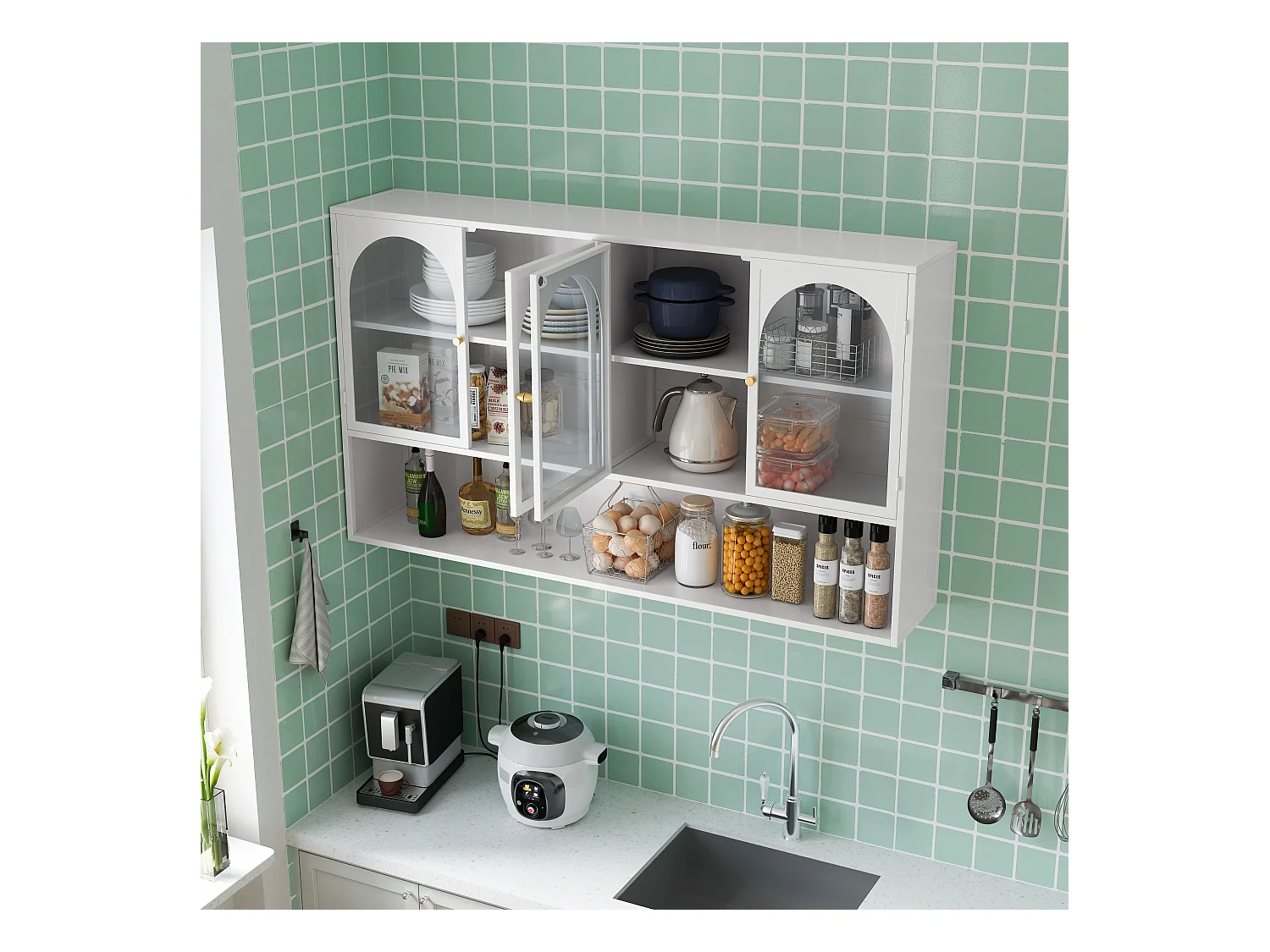 Armoire murale à 4 portes en verre, rangement moderne, métal et verre, blanc (120x23x70 cm)