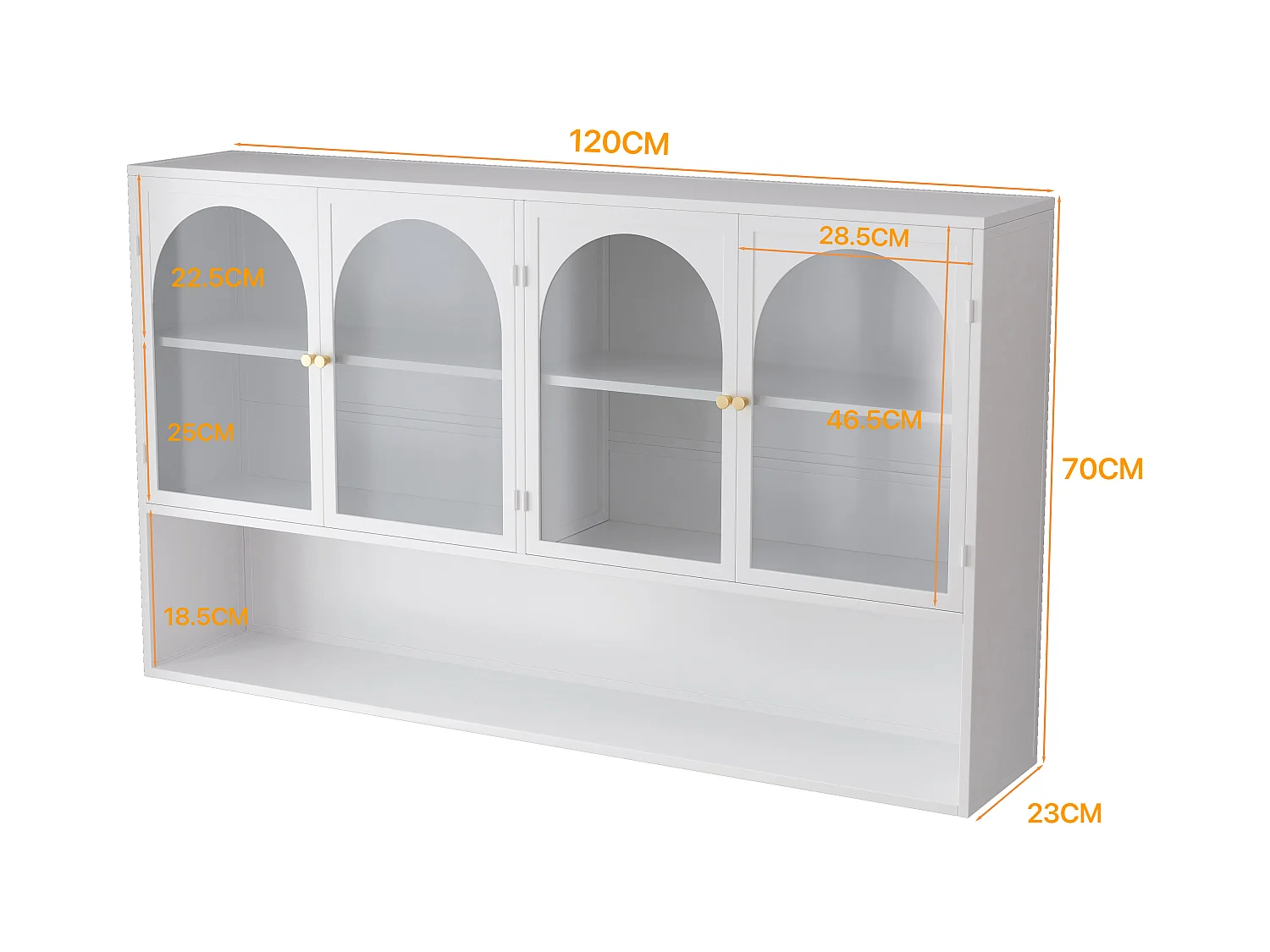 Armoire murale à 4 portes en verre, rangement moderne, métal et verre, blanc (120x23x70 cm)