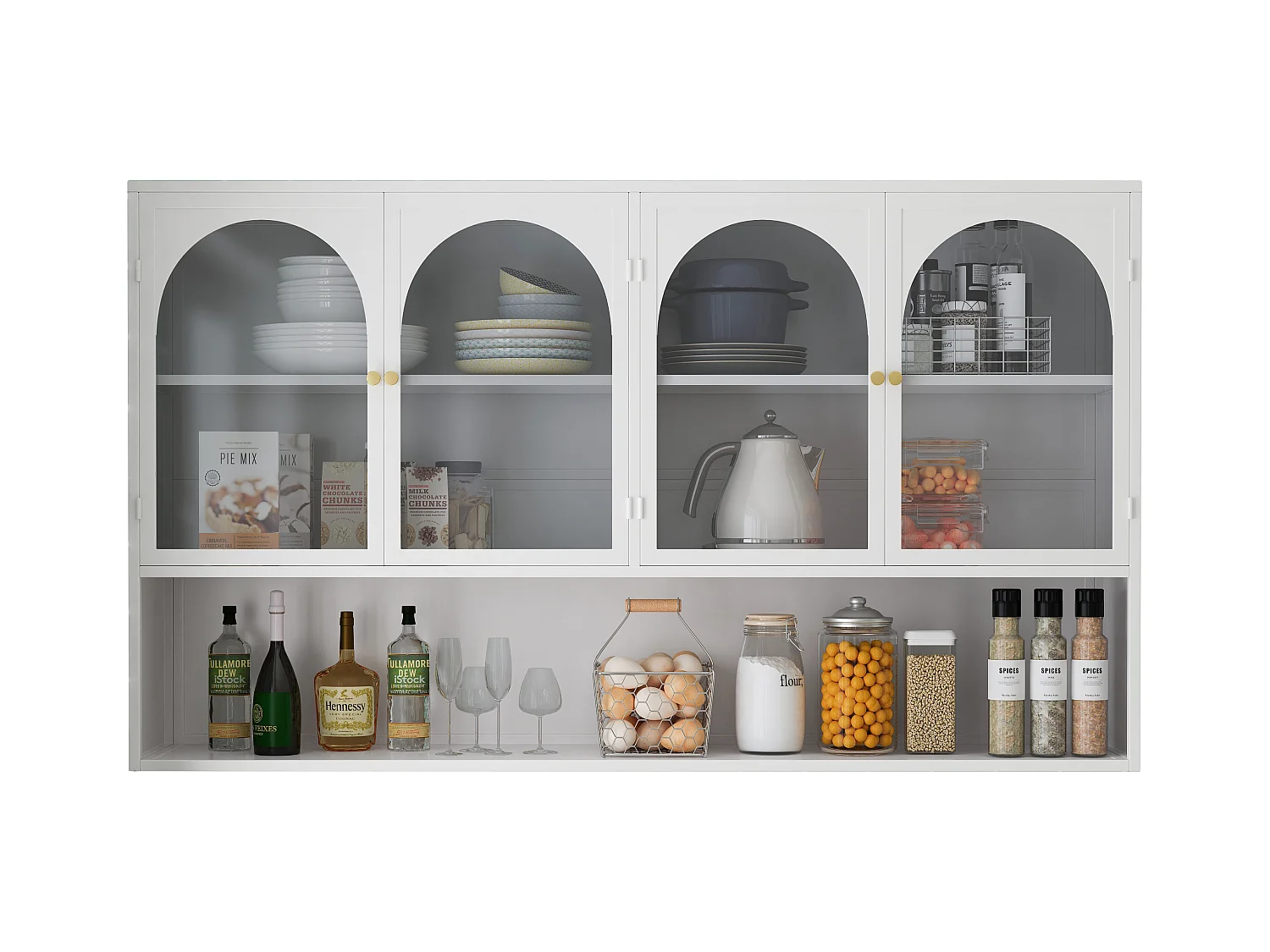 Armoire murale à 4 portes en verre, rangement moderne, métal et verre, blanc (120x23x70 cm)