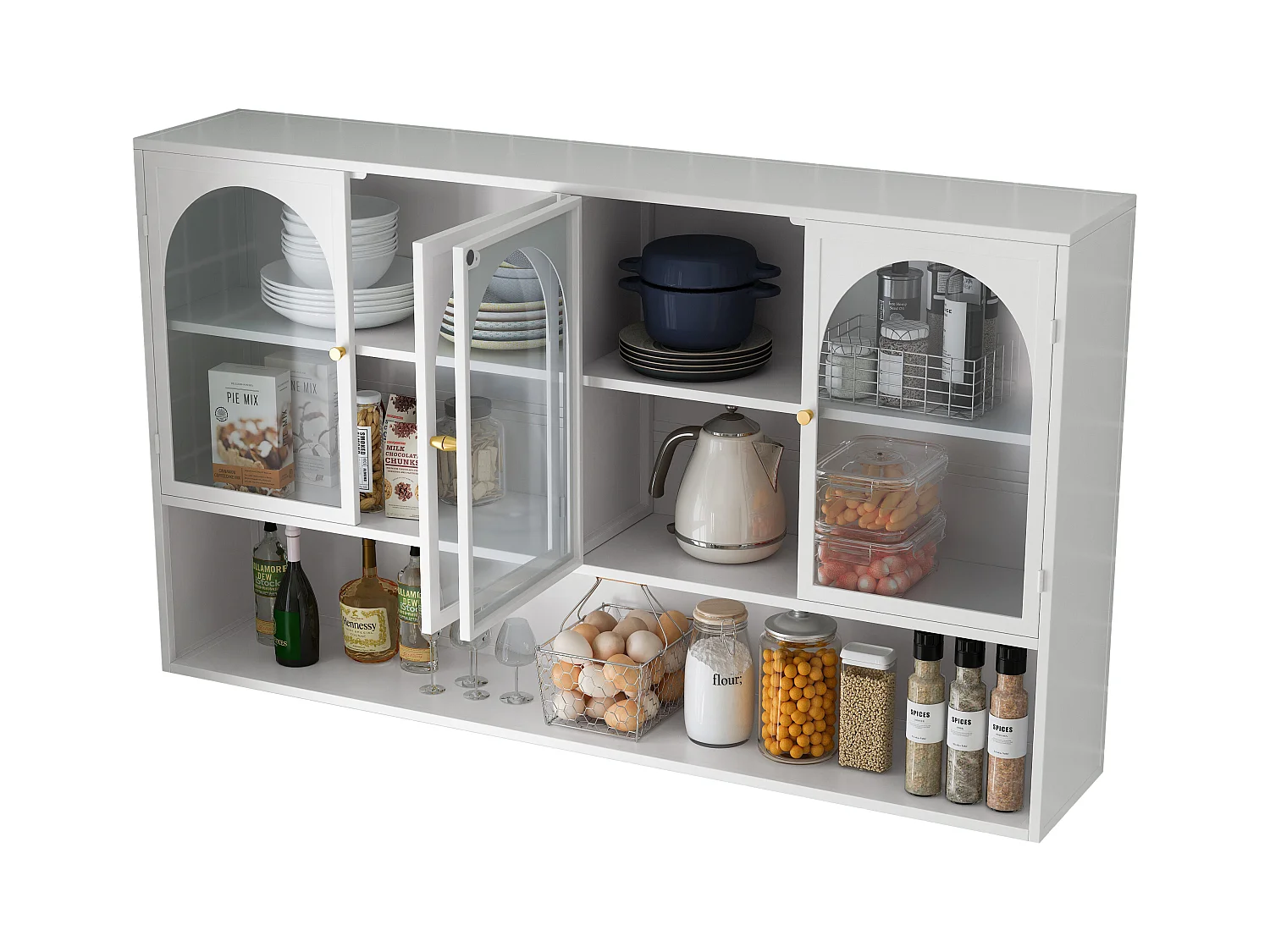 Armoire murale à 4 portes en verre, rangement moderne, métal et verre, blanc (120x23x70 cm)