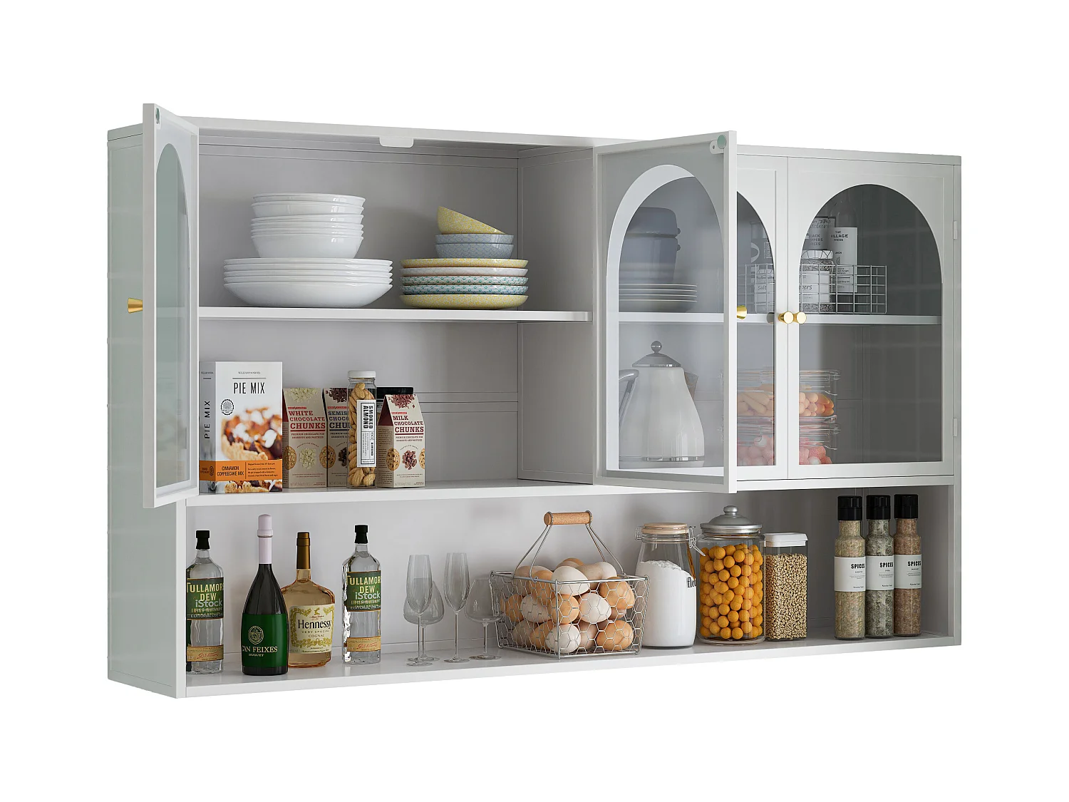 Armoire murale à 4 portes en verre, rangement moderne, métal et verre, blanc (120x23x70 cm)