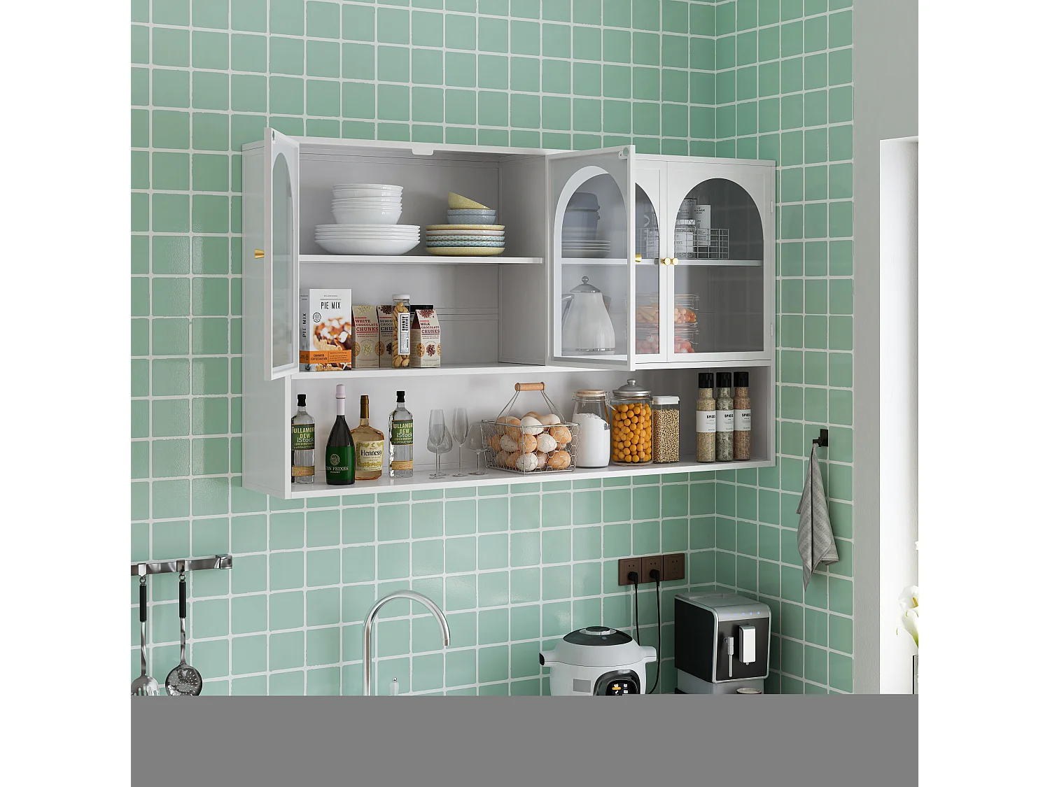 Armoire murale à 4 portes en verre, rangement moderne, métal et verre, blanc (120x23x70 cm)