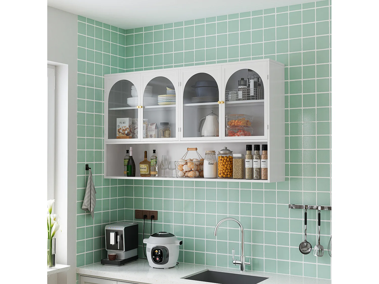 Armoire murale à 4 portes en verre, rangement moderne, métal et verre, blanc (120x23x70 cm)