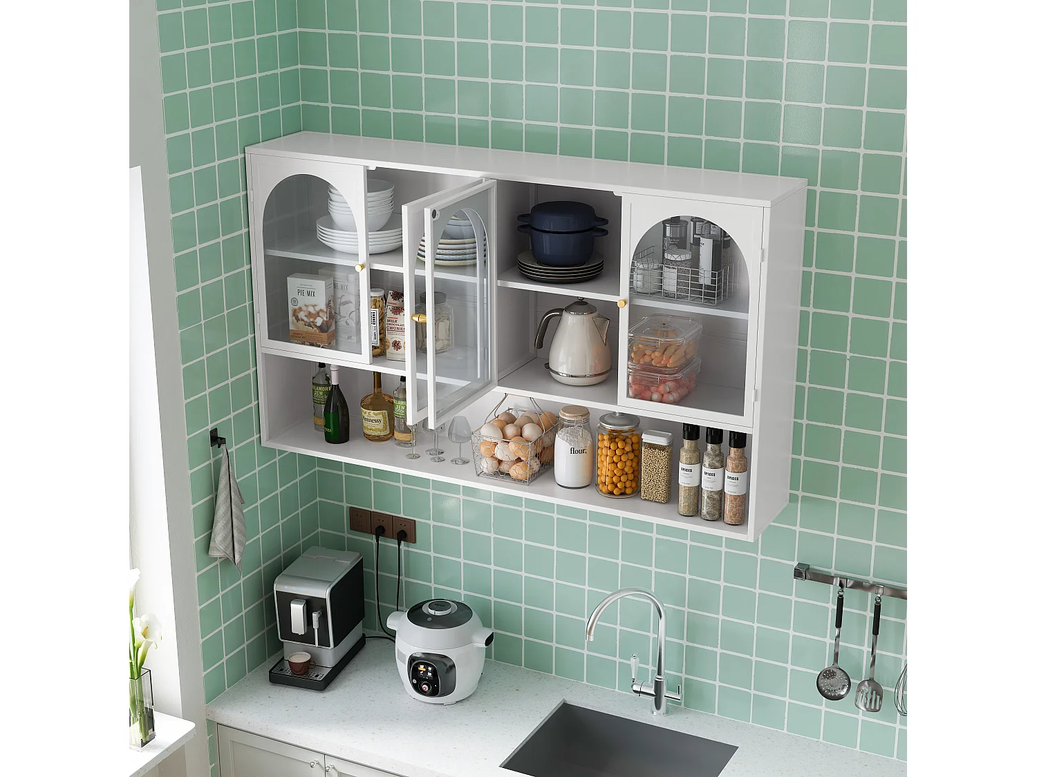 Armoire murale à 4 portes en verre, rangement moderne, métal et verre, blanc (120x23x70 cm)