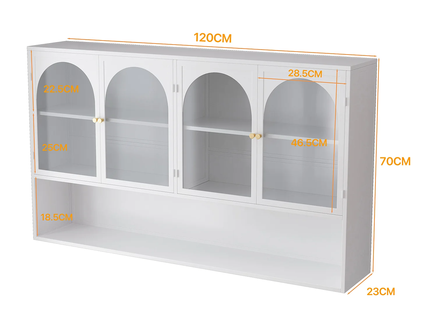 Armoire murale à 4 portes en verre, rangement moderne, métal et verre, blanc (120x23x70 cm)