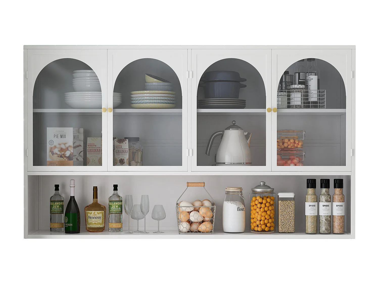 Armoire murale à 4 portes en verre, rangement moderne, métal et verre, blanc (120x23x70 cm)