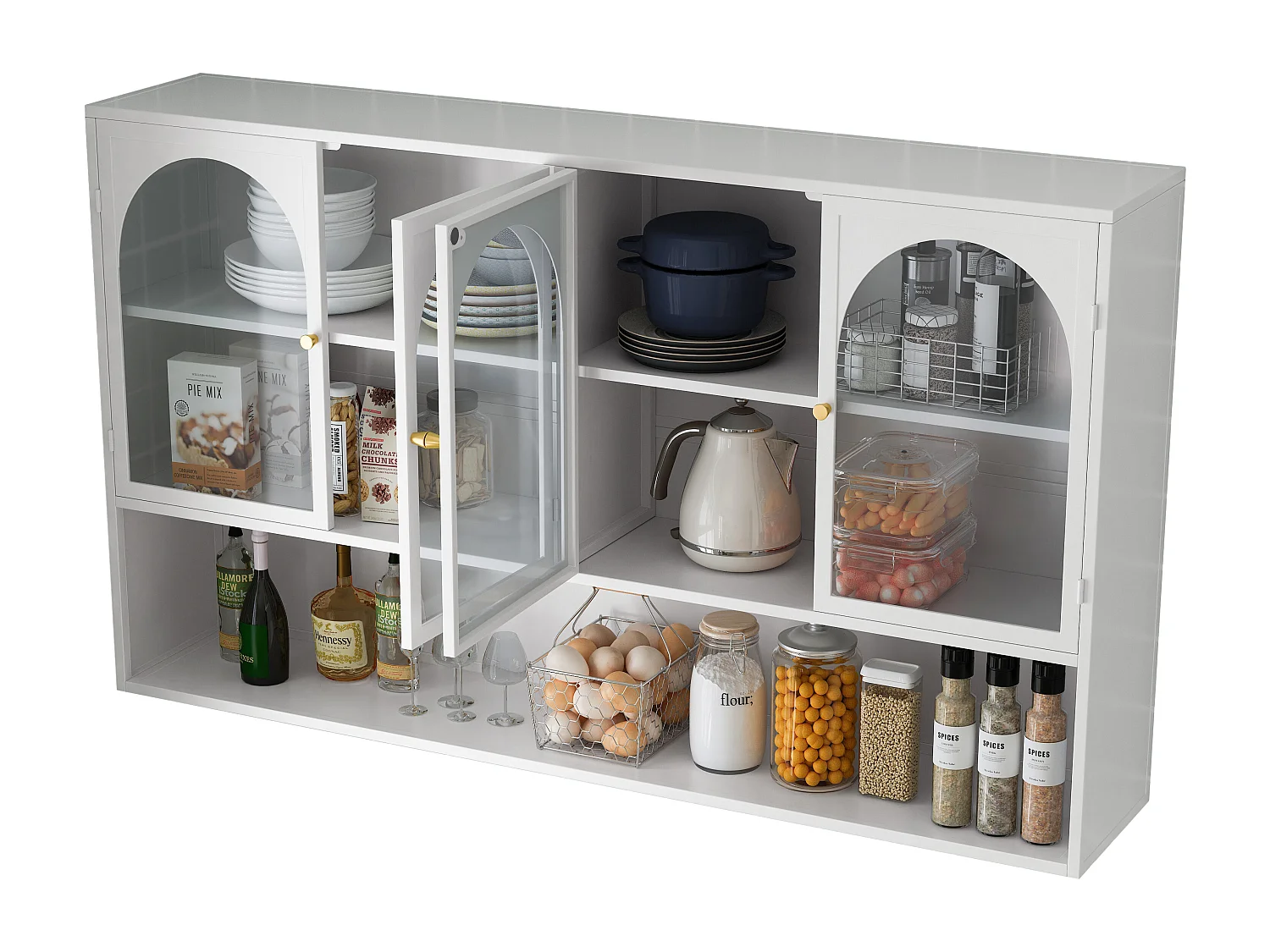 Armoire murale à 4 portes en verre, rangement moderne, métal et verre, blanc (120x23x70 cm)