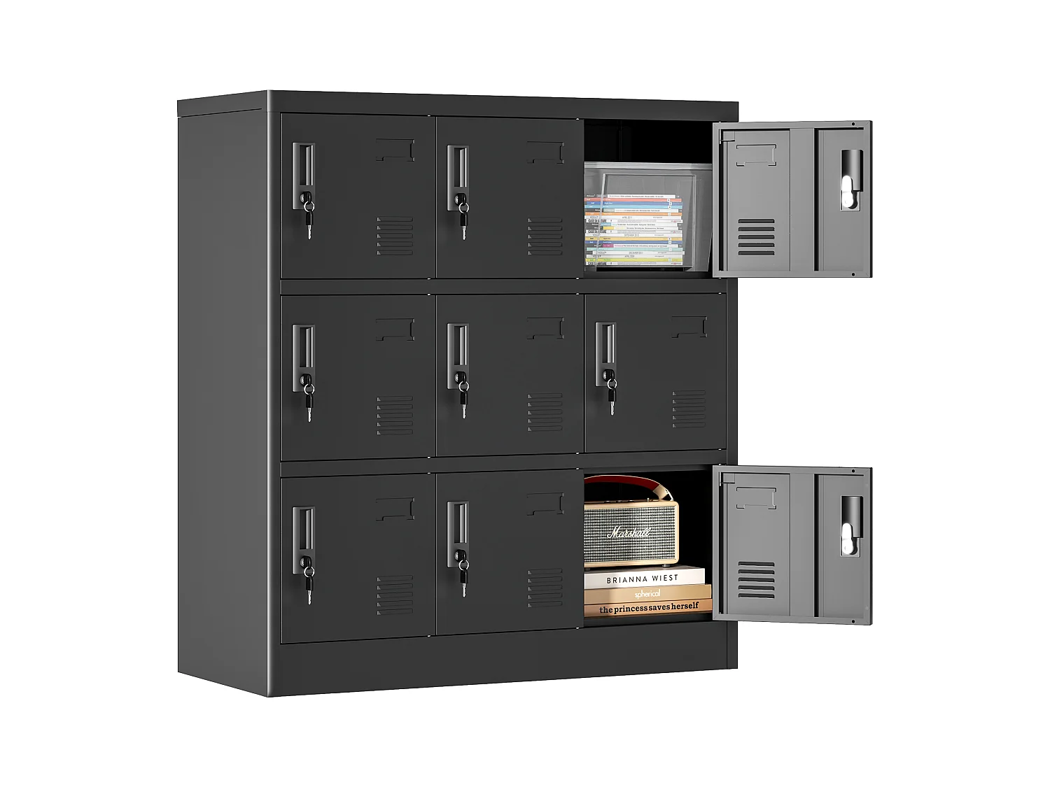 Armoire métallique à 9 portes, casier de rangement sécurisé pour bureau, école, salle de sport, métal, noir (90x40x100 cm)