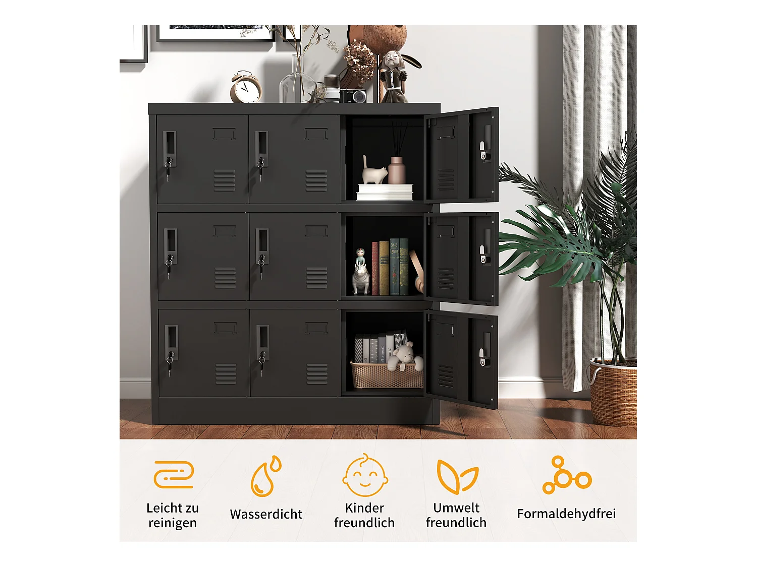 Armoire métallique à 9 portes, casier de rangement sécurisé pour bureau, école, salle de sport, métal, noir (90x40x100 cm)