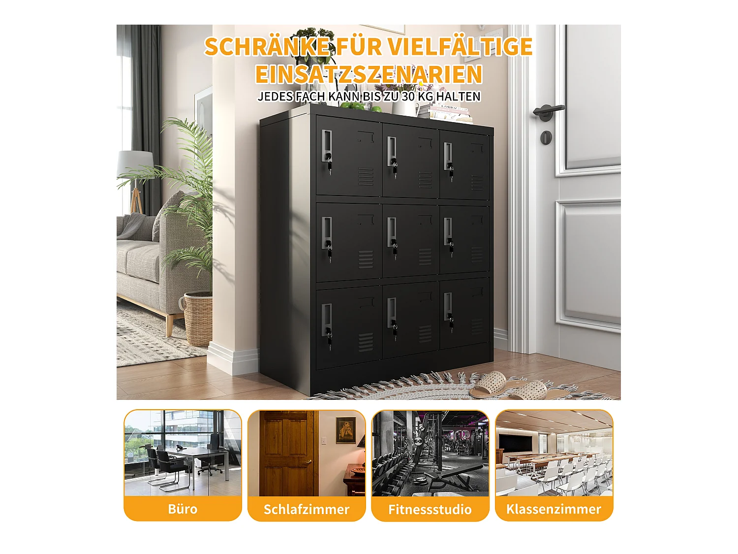 Armoire métallique à 9 portes, casier de rangement sécurisé pour bureau, école, salle de sport, métal, noir (90x40x100 cm)