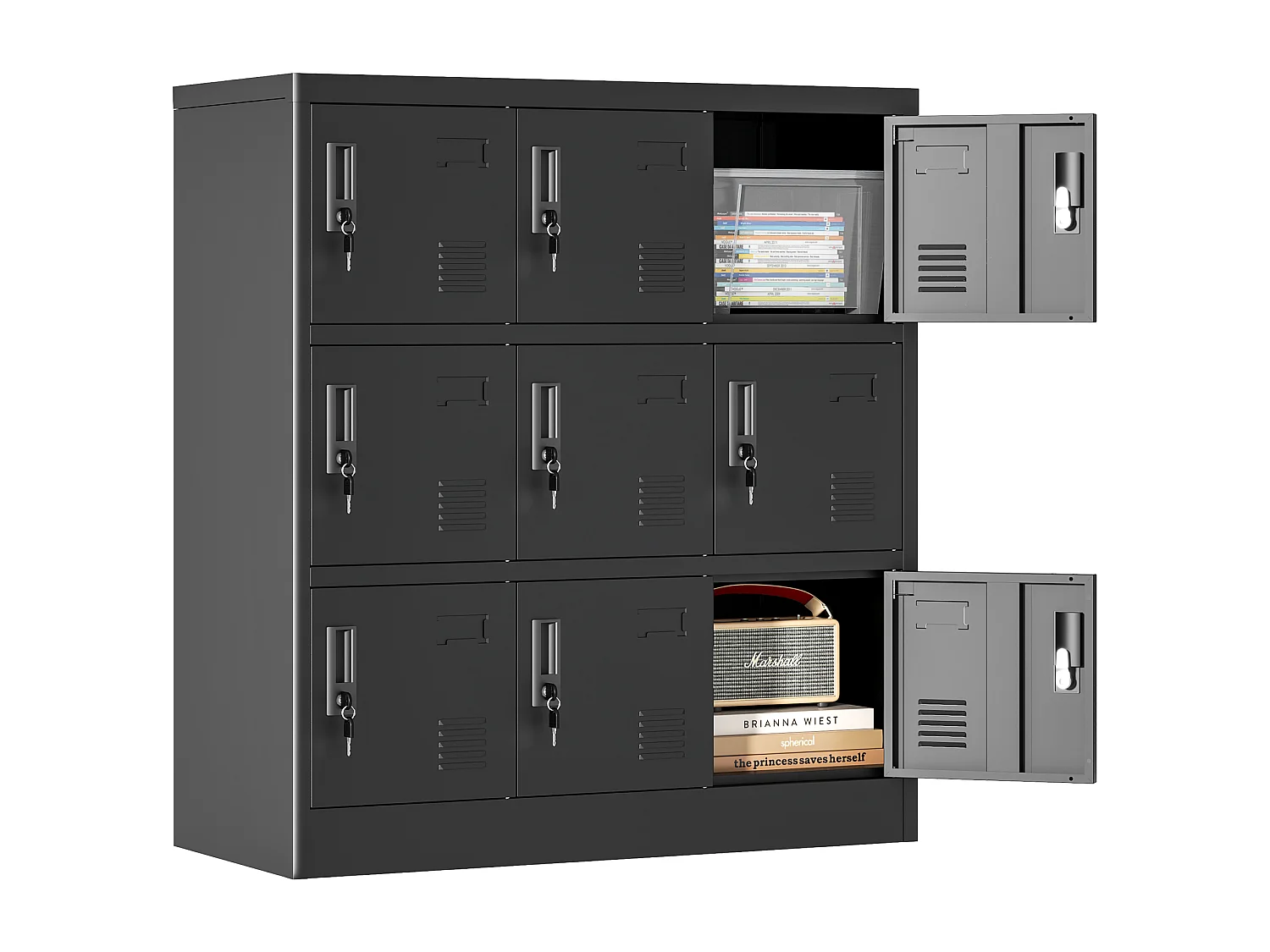 Armoire métallique à 9 portes, casier de rangement sécurisé pour bureau, école, salle de sport, métal, noir (90x40x100 cm)