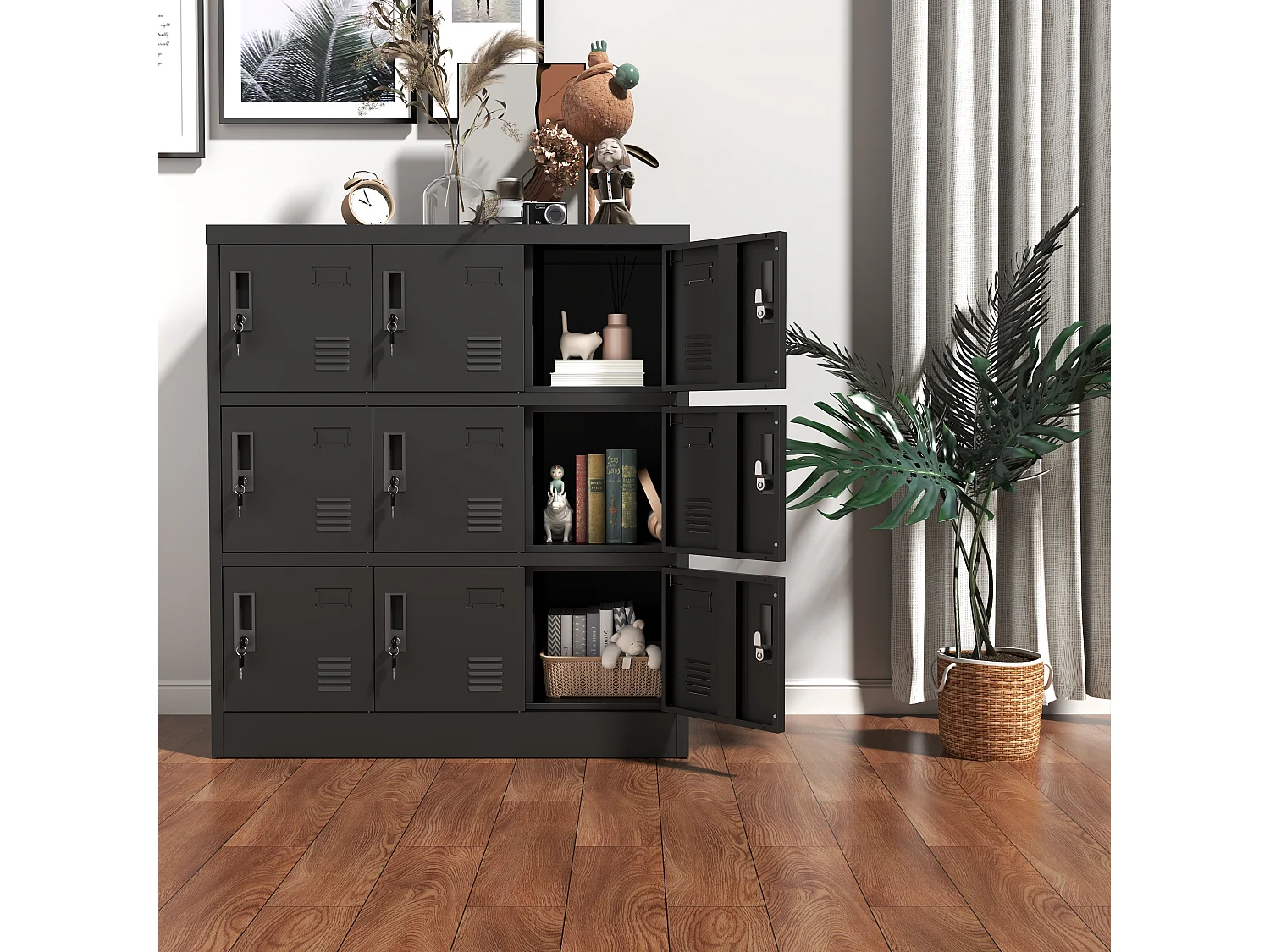 Armoire métallique à 9 portes, casier de rangement sécurisé pour bureau, école, salle de sport, métal, noir (90x40x100 cm)