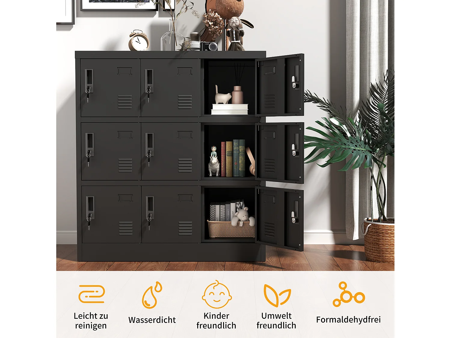 Armoire métallique à 9 portes, casier de rangement sécurisé pour bureau, école, salle de sport, métal, noir (90x40x100 cm)