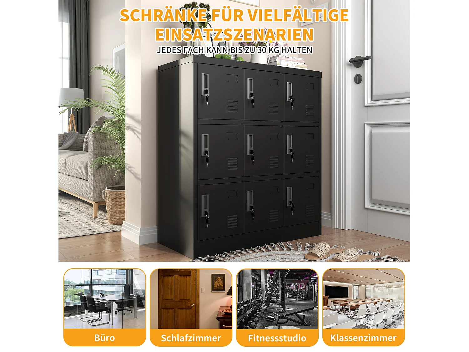 Armoire métallique à 9 portes, casier de rangement sécurisé pour bureau, école, salle de sport, métal, noir (90x40x100 cm)