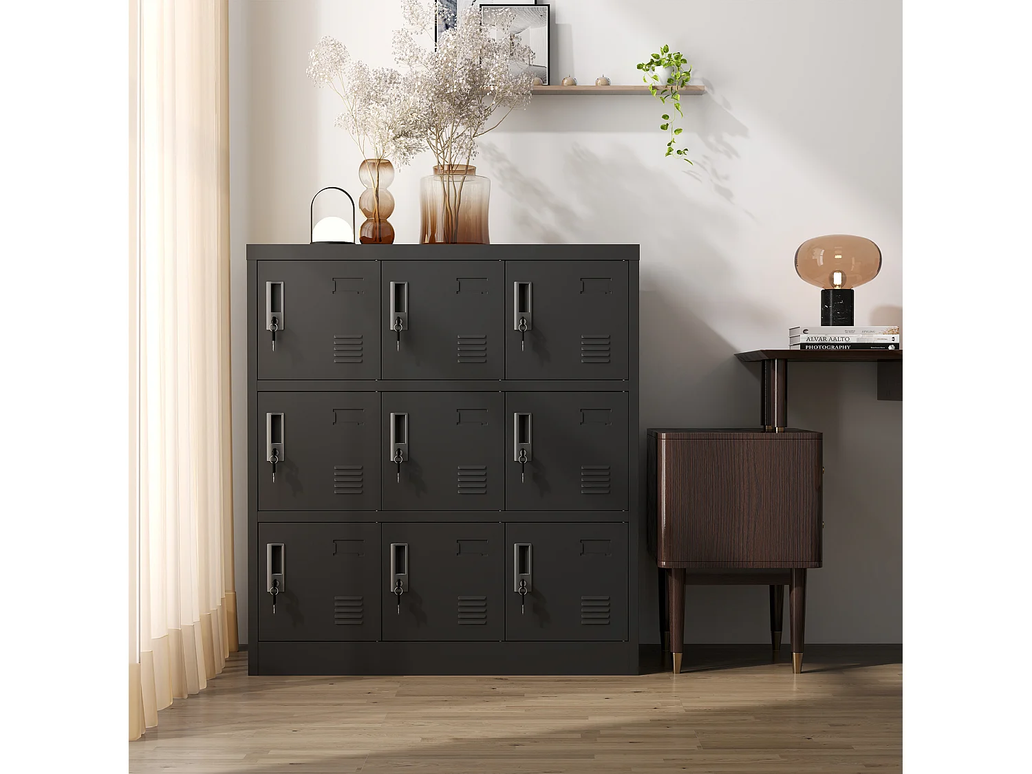 Armoire métallique à 9 portes, casier de rangement sécurisé pour bureau, école, salle de sport, métal, noir (90x40x100 cm)