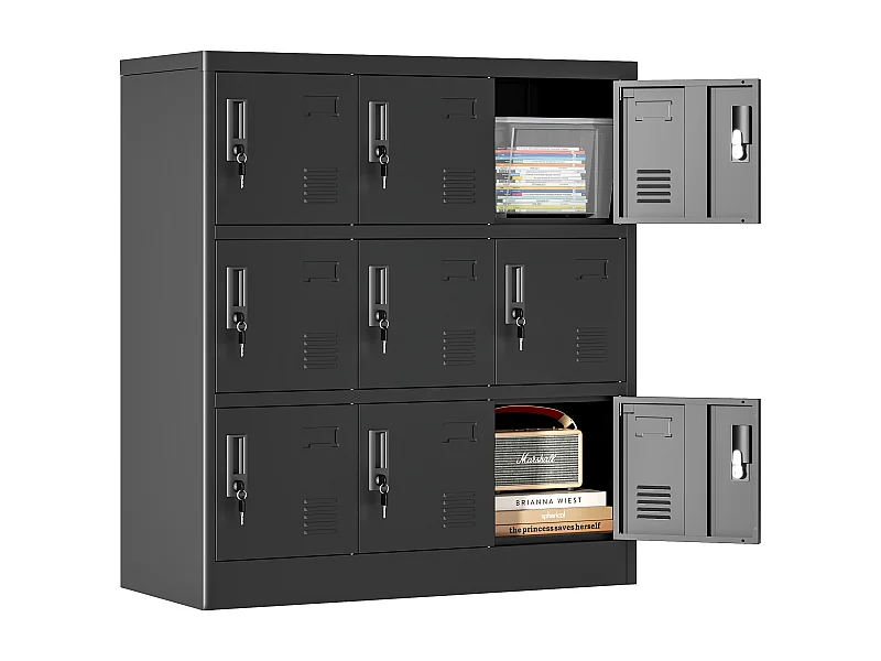 Armoire métallique à 9 portes, casier de rangement sécurisé pour bureau, école, salle de sport, métal, noir (90x40x100 cm)