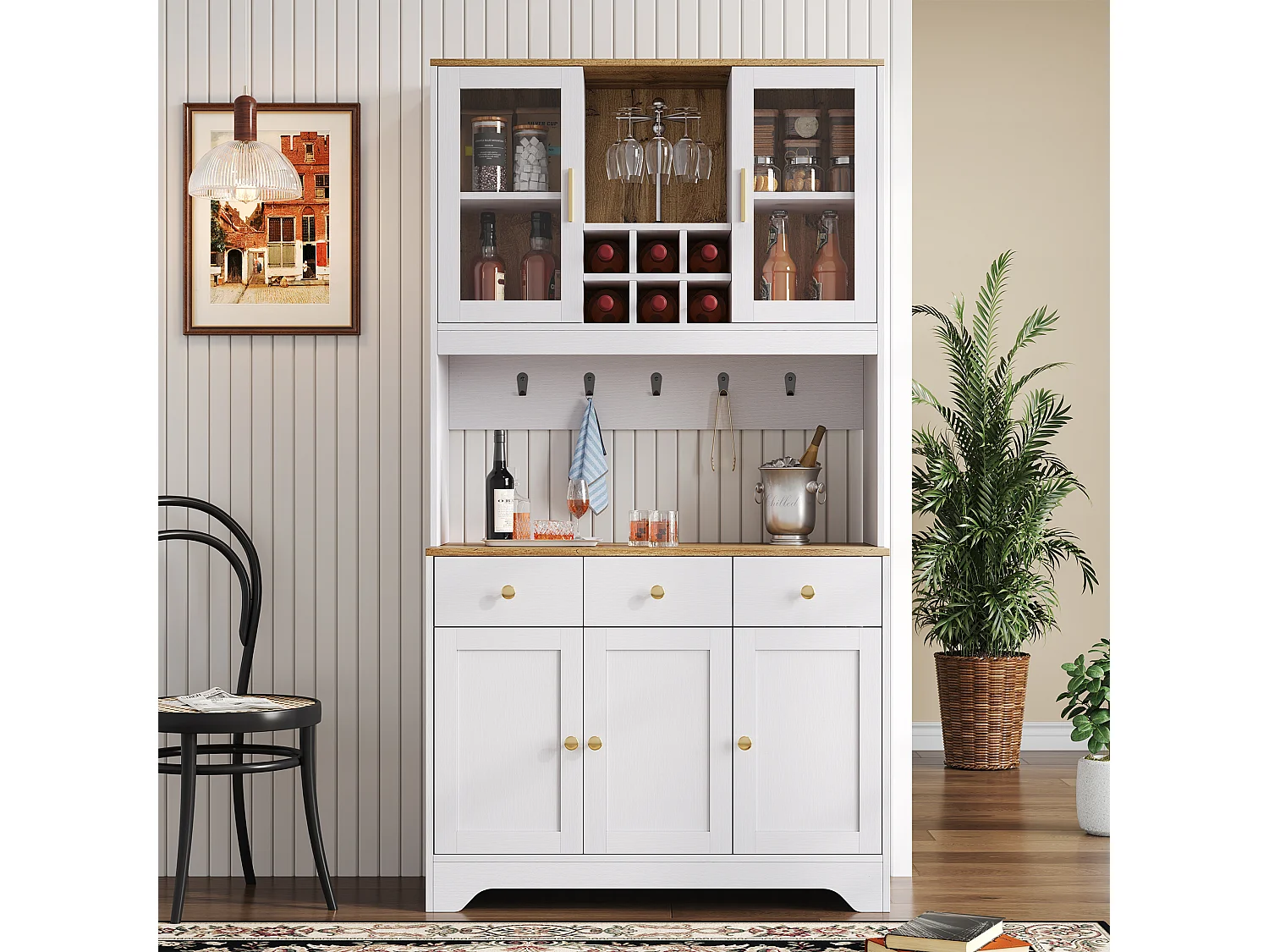 Mueble alto con puertas de cristal, acabado madera blanca y madera, diseño moderno, MDF, (94,5x30x175,5 cm)