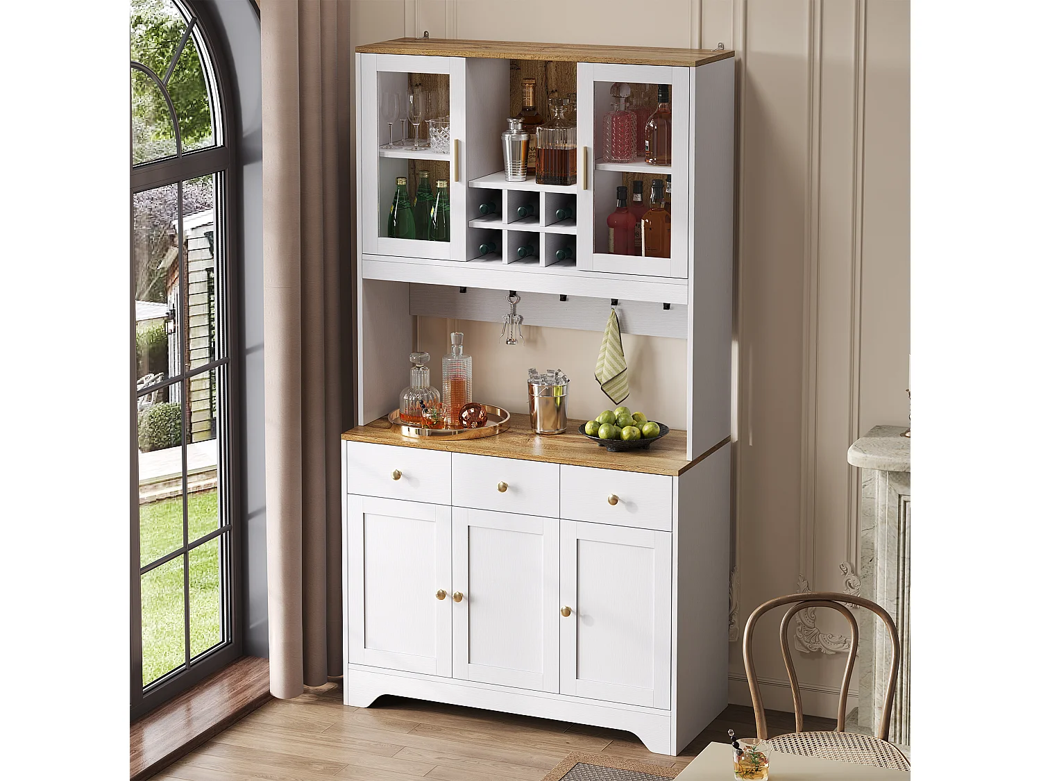 Mueble alto con puertas de cristal, acabado madera blanca y madera, diseño moderno, MDF, (94,5x30x175,5 cm)