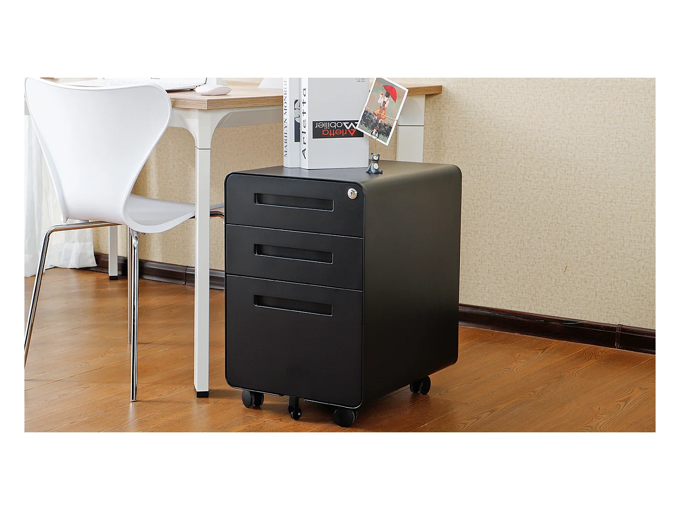 Armoire à fichiers mobile 3 tiroirs, métal, avec roulettes, anti-basculement, noir (46x40x58 cm)