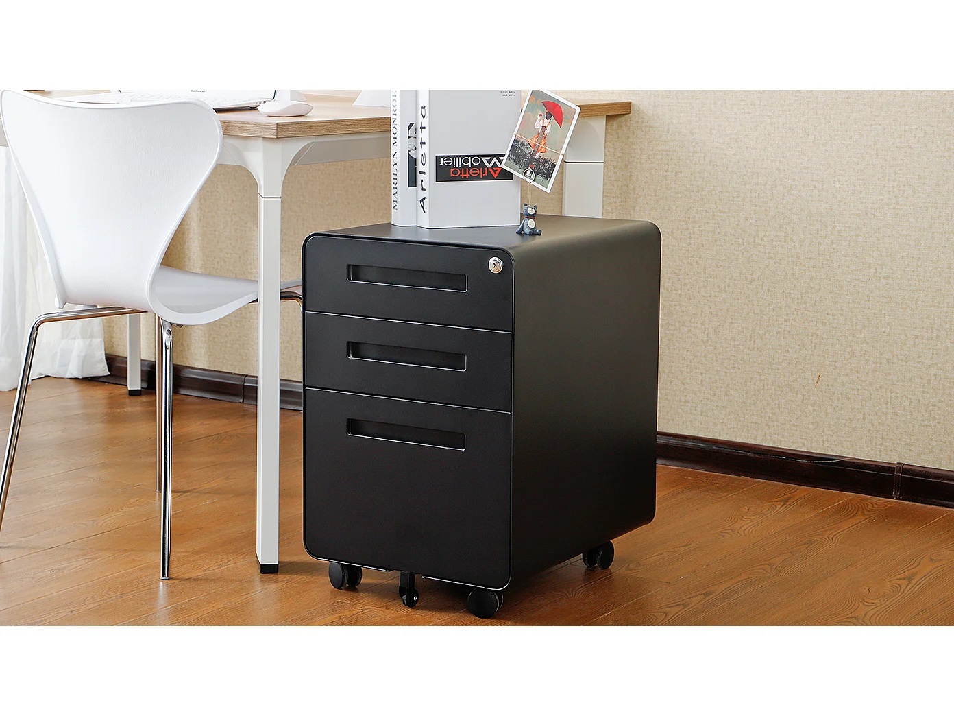 Armoire à fichiers mobile 3 tiroirs, métal, avec roulettes, anti-basculement, noir (46x40x58 cm)