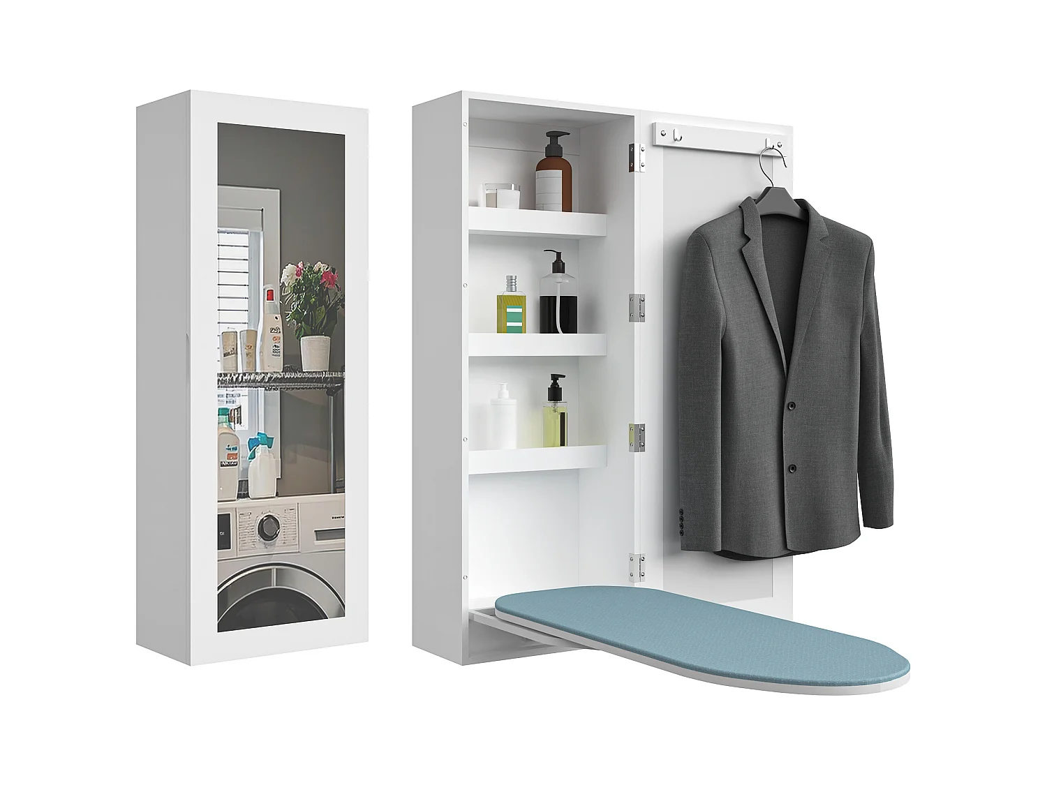 Wandstrijkplank met geïntegreerde spiegel, opvouwbare strijkplank, wit MDF (35,5x21x95 cm)