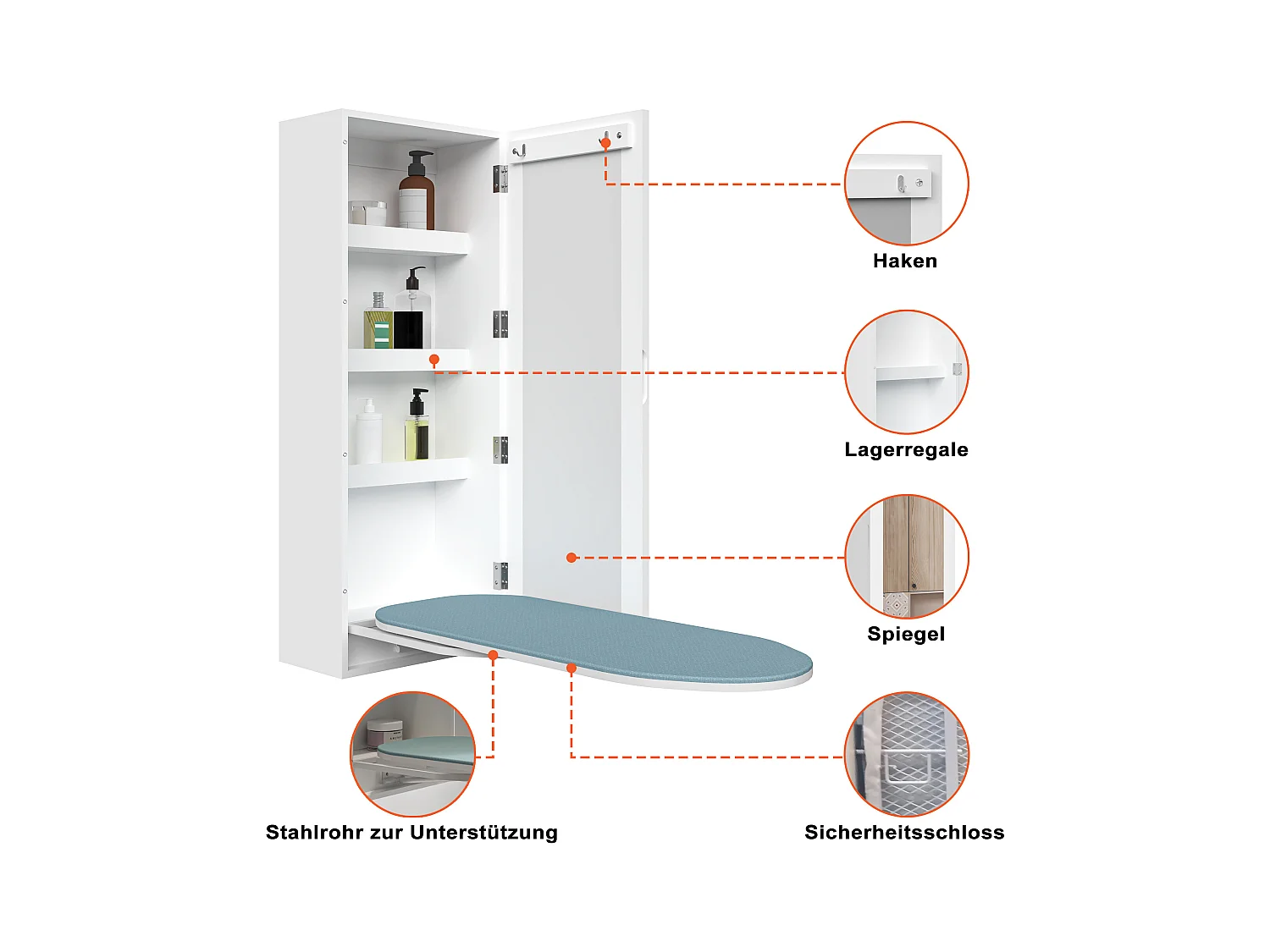 Wandstrijkplank met geïntegreerde spiegel, opvouwbare strijkplank, wit MDF (35,5x21x95 cm)