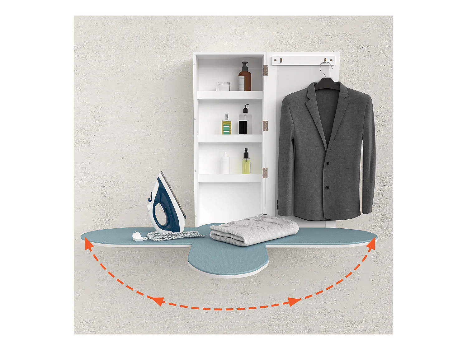 Wandstrijkplank met geïntegreerde spiegel, opvouwbare strijkplank, wit MDF (35,5x21x95 cm)