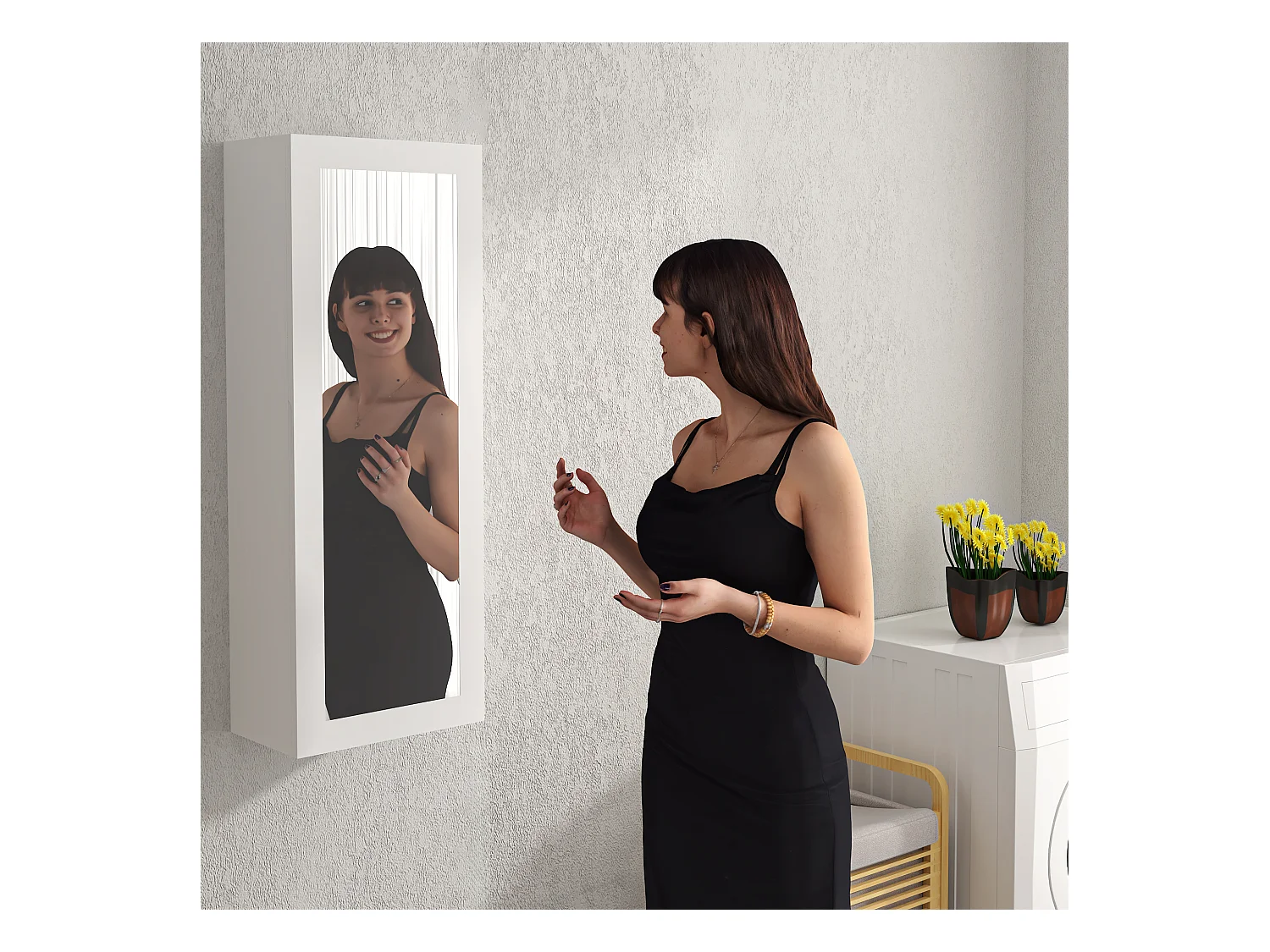 Table à repasser murale avec miroir intégré, planche à repasser rabattable, MDF blanc (35.5x21x95 cm)