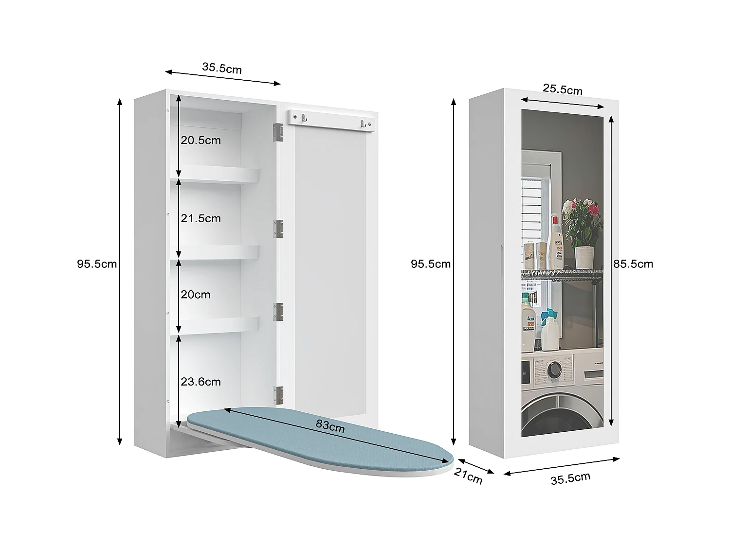 Table à repasser murale avec miroir intégré, planche à repasser rabattable, MDF blanc (35.5x21x95 cm)