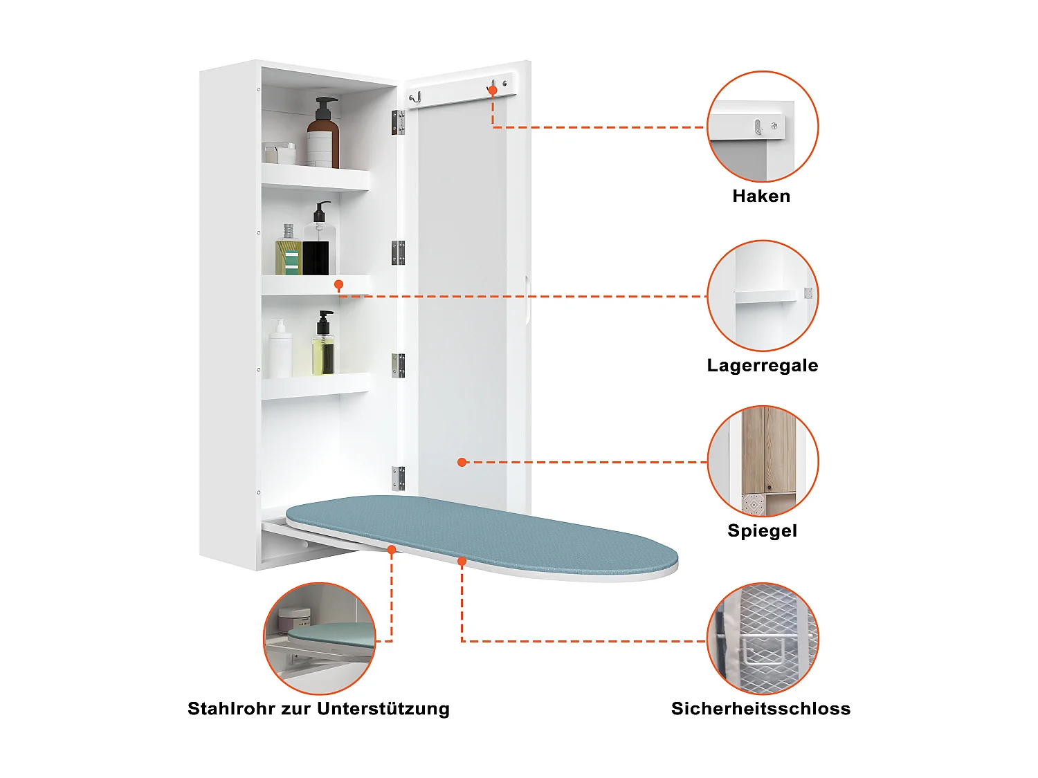 Table à repasser murale avec miroir intégré, planche à repasser rabattable, MDF blanc (35.5x21x95 cm)