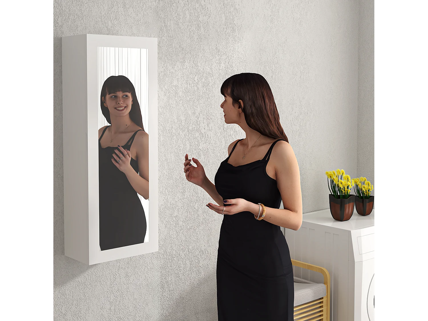 Table à repasser murale avec miroir intégré, planche à repasser rabattable, MDF blanc (35.5x21x95 cm)