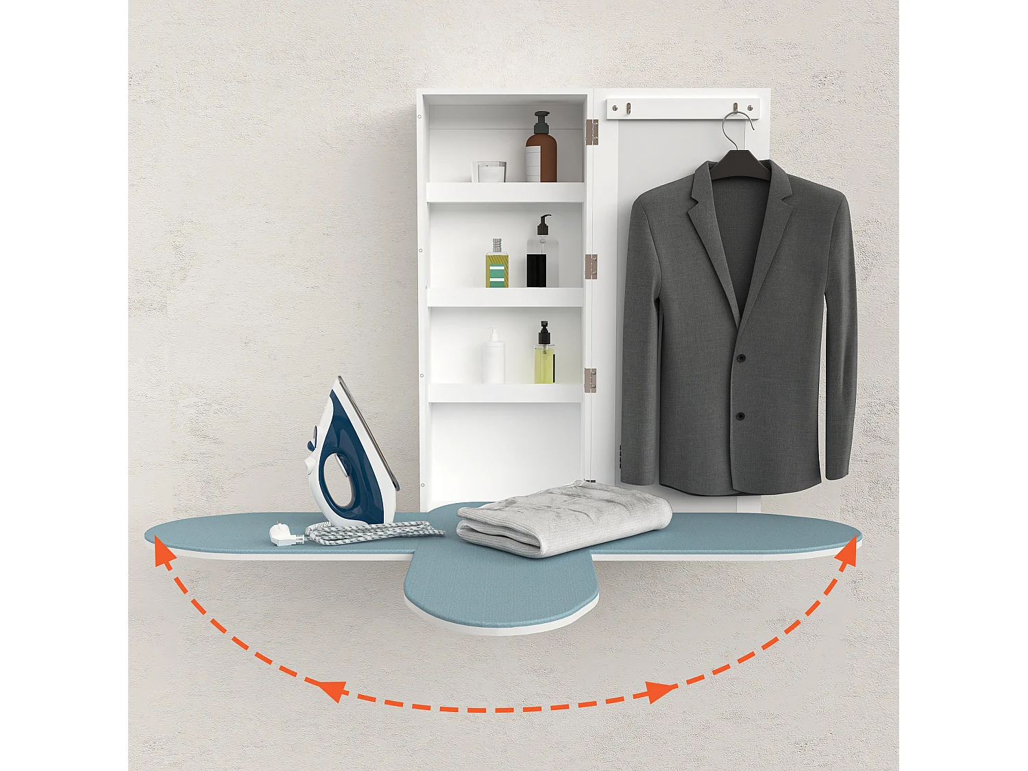 Table à repasser murale avec miroir intégré, planche à repasser rabattable, MDF blanc (35.5x21x95 cm)