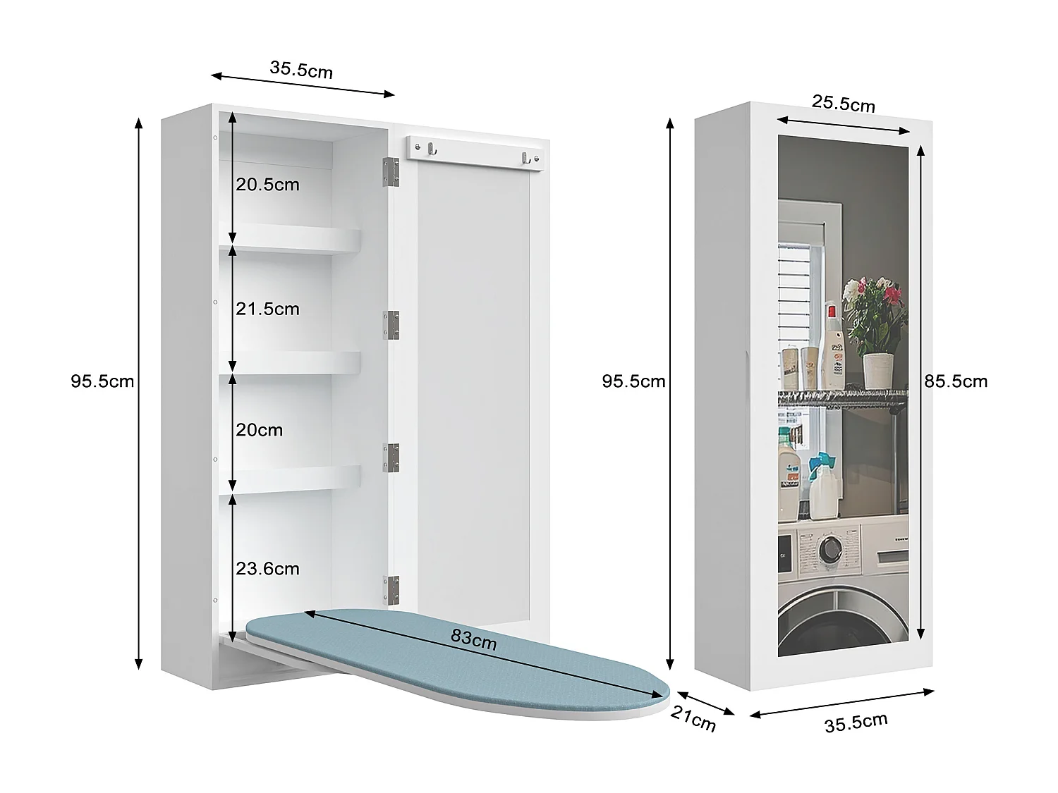 Table à repasser murale avec miroir intégré, planche à repasser rabattable, MDF blanc (35.5x21x95 cm)