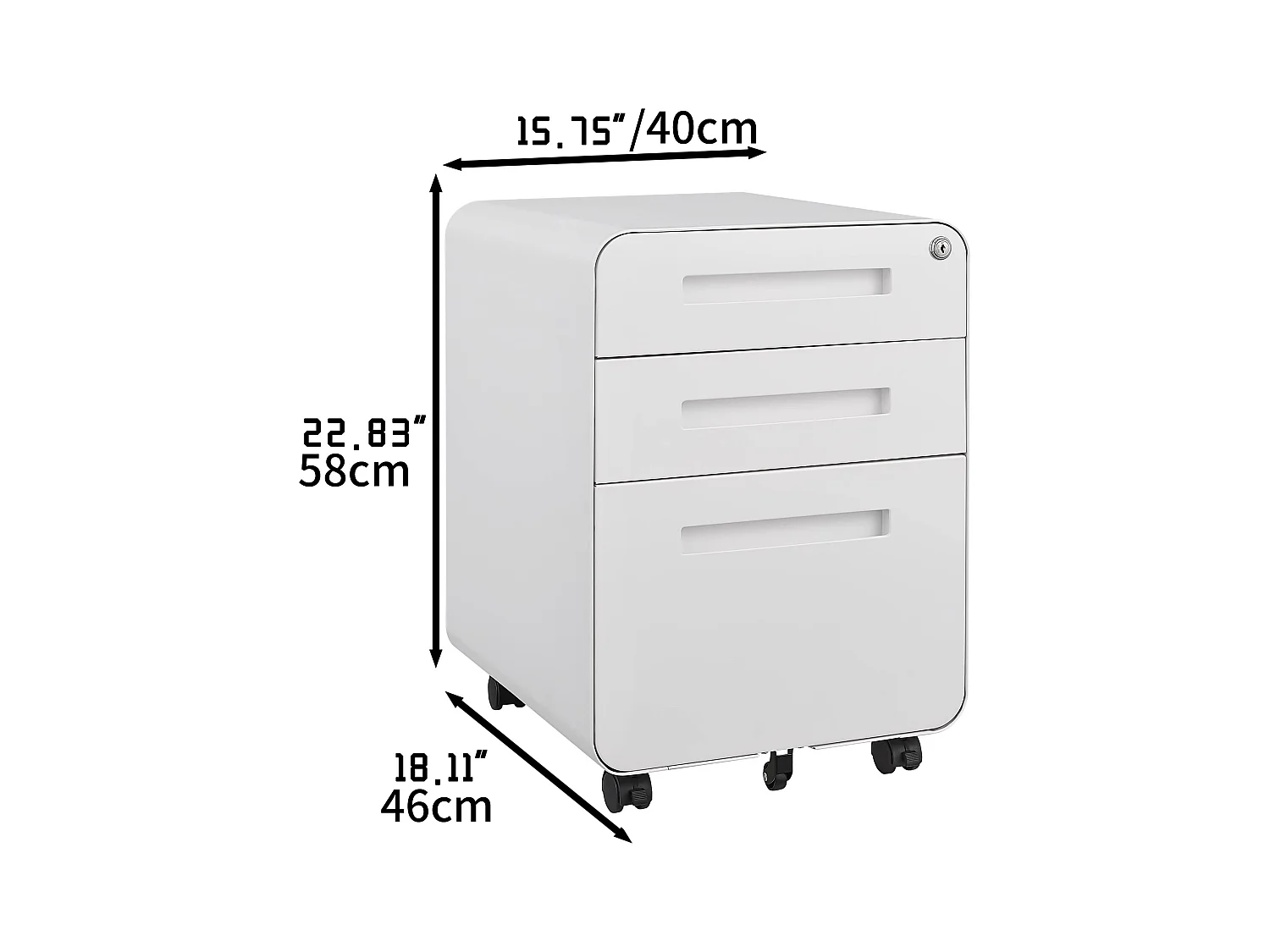 Armoire à fichiers mobile 3 tiroirs, métal, verrouillable, avec roulettes, blanc (46x40x58 cm)