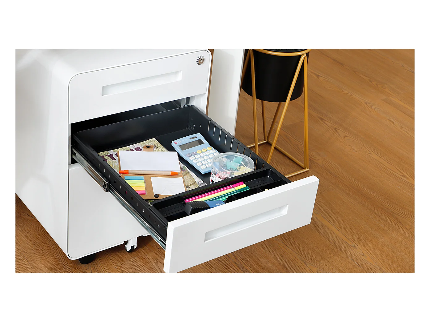 Armoire à fichiers mobile 3 tiroirs, métal, verrouillable, avec roulettes, blanc (46x40x58 cm)