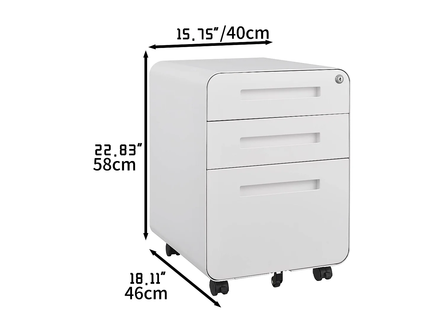 Armoire à fichiers mobile 3 tiroirs, métal, verrouillable, avec roulettes, blanc (46x40x58 cm)