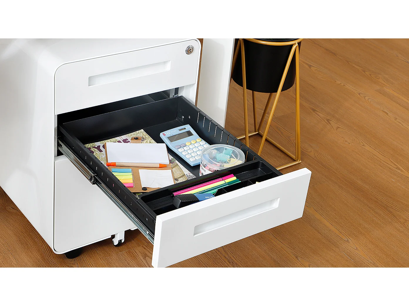 Armoire à fichiers mobile 3 tiroirs, métal, verrouillable, avec roulettes, blanc (46x40x58 cm)