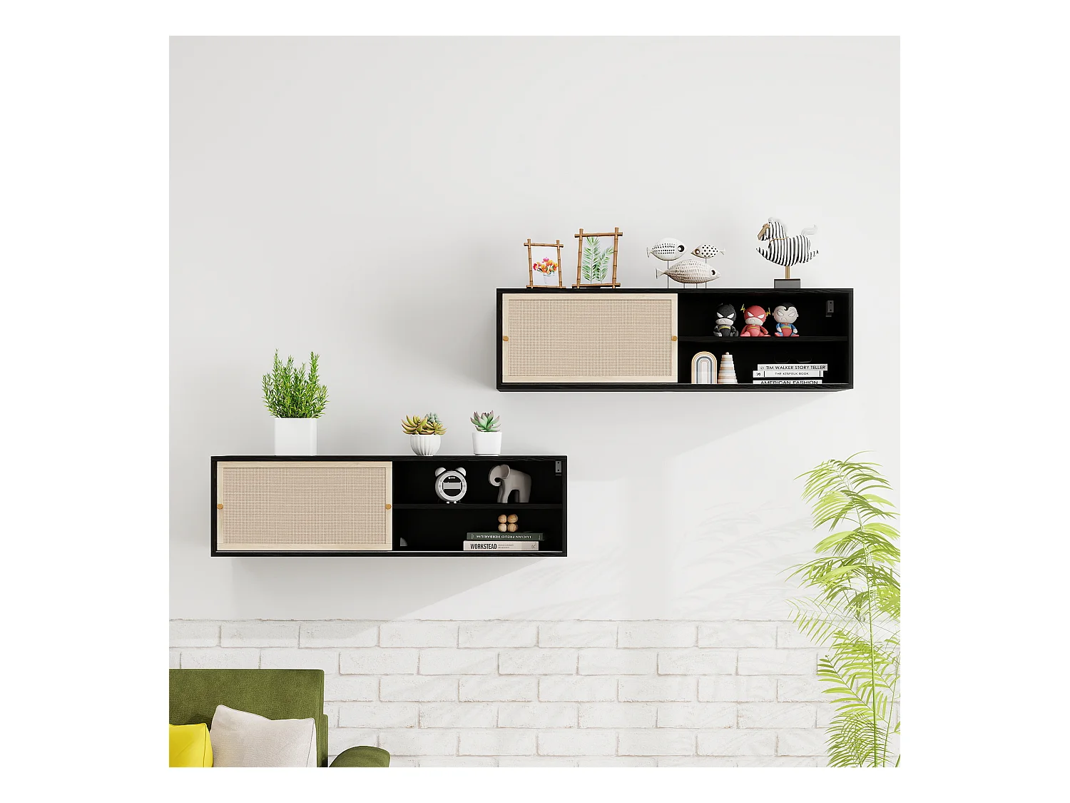 Armoire murale noire avec portes coulissantes, design avec éléments en rotin, panneau de particules, noir (110x40x31 cm)