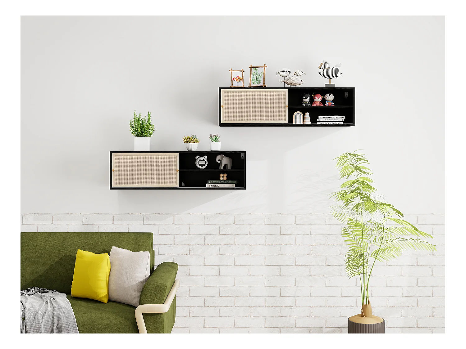 Armoire murale noire avec portes coulissantes, design avec éléments en rotin, panneau de particules, noir (110x40x31 cm)